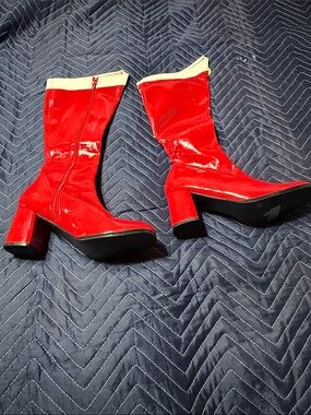 Sailor Moon Funtasma Red Patent Mid-Calf Block Heel Boots with Cream Trim